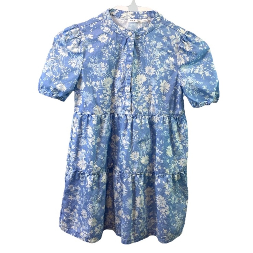 Gap Girls Dress Sky Blue White Floral 100% Cotton Tiered Puff Sleeves S